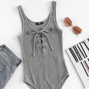 SHEIN Ribbed Lace-Up Heathered Knit Bodysuit size L